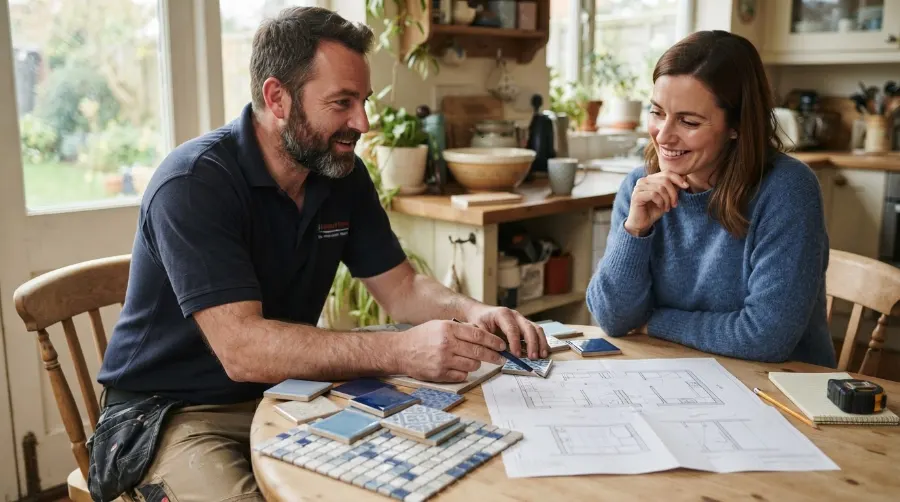 Carreleur conseillant un client sur son projet