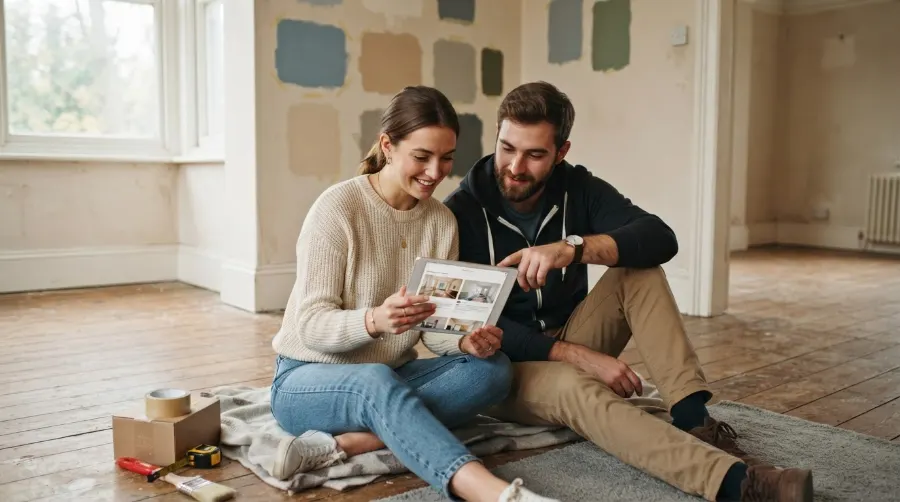 Clients comparant les photos et avis d'entreprises de peinture