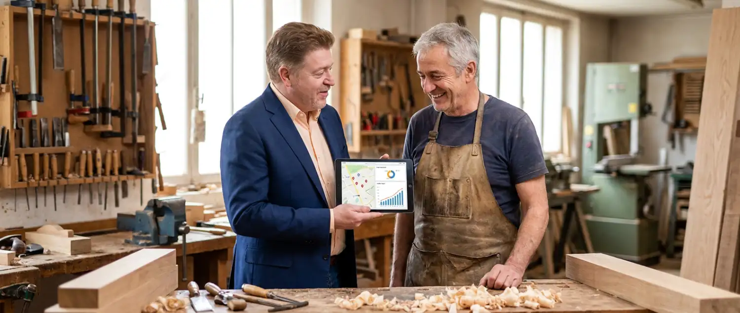 Serge-Jérôme Laverny, consultant SEO, présente ses résultats Google à un artisan dans son atelier