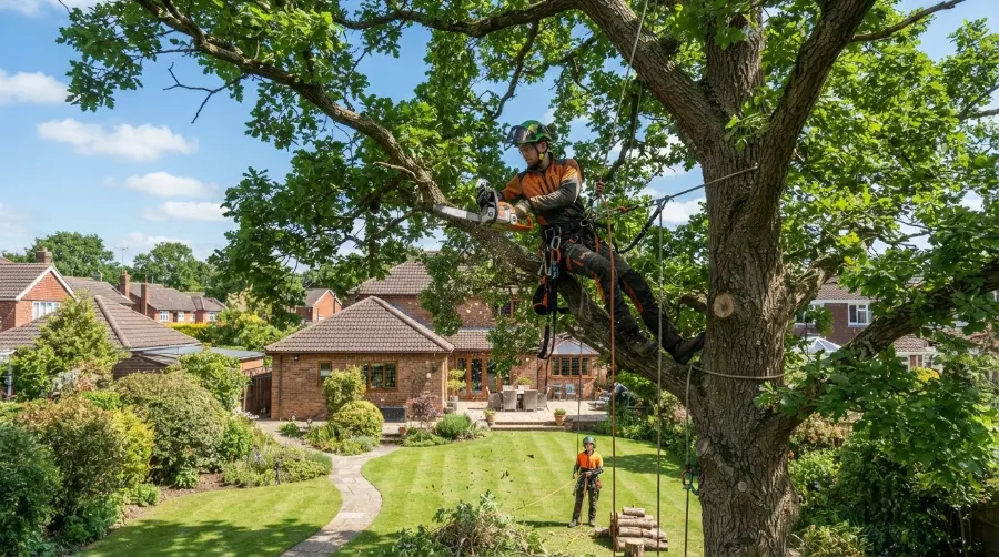 Élagueur en intervention dans un jardin