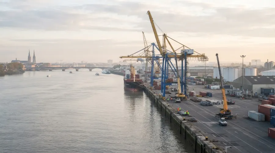 Quais et grues portuaires sur la Garonne, secteur de Bassens