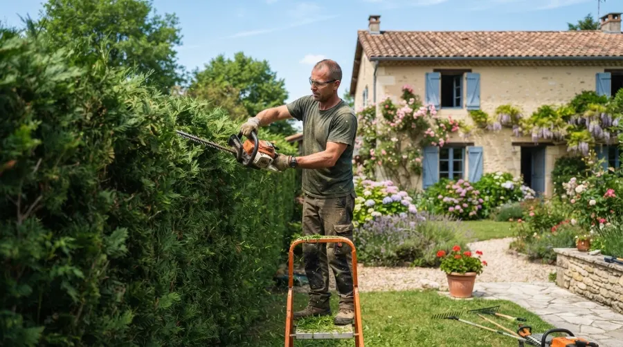 Paysagiste taillant une haie dans un jardin d'Ambarès-et-Lagrave