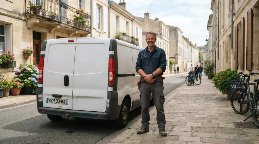 Artisan plombier devant son utilitaire à Bassens, visible grâce au référencement local
