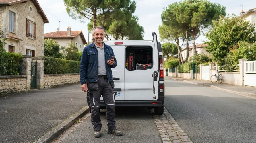 Artisan plombier devant son utilitaire à Canéjan, trouvé grâce au référencement local