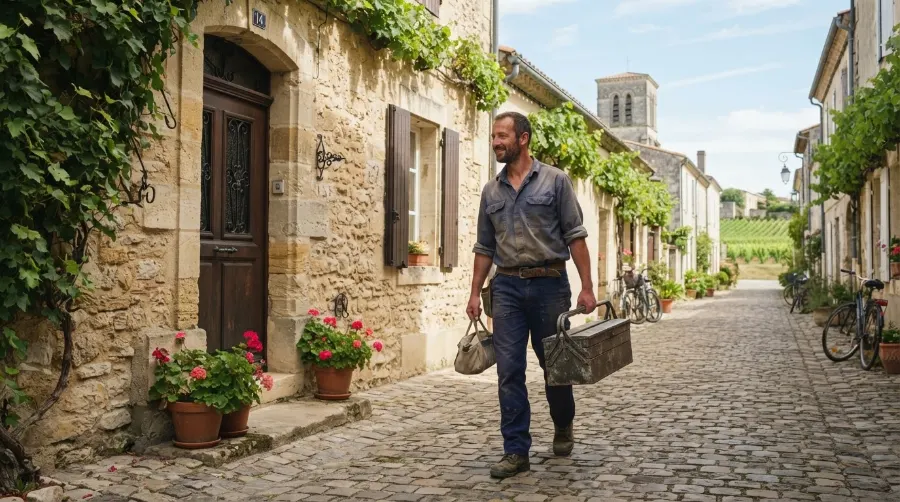 Plombier arrivant dans une maison en pierre à Ludon-Médoc