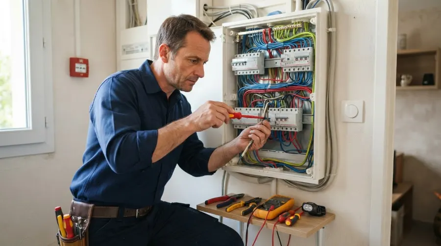 Électricien au travail sur un tableau électrique à Parempuyre