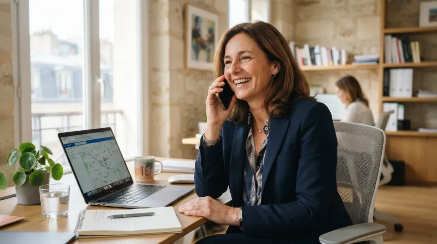 Cheffe d'entreprise de Cestas au téléphone avec un nouveau client