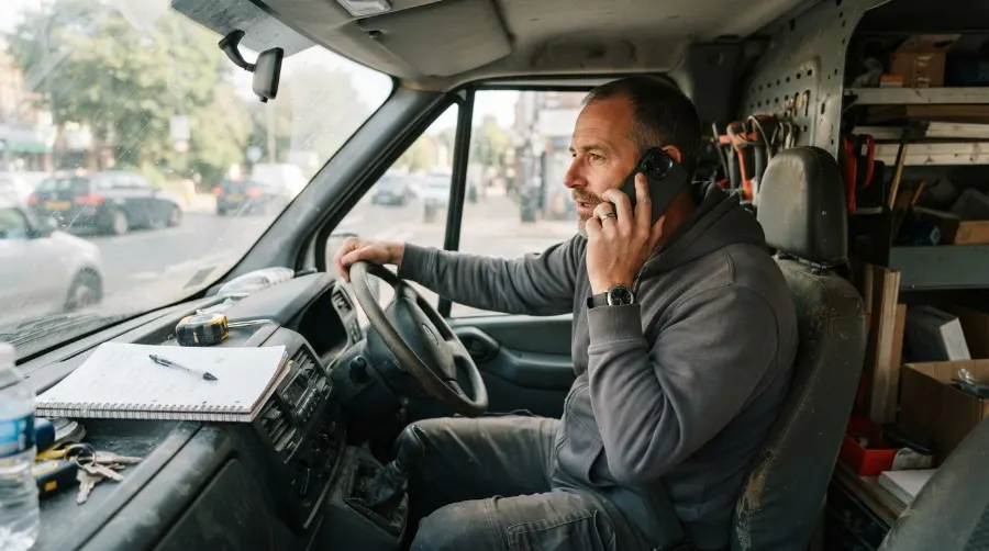 Artisan de Bassens répondant à un appel client depuis son utilitaire
