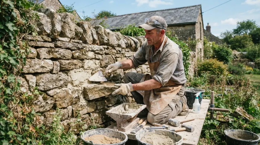 Maçon restaurant un mur en pierre dans le Médoc