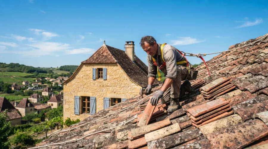 Couvreur réparant une toiture en tuiles près de Saint-Loubès