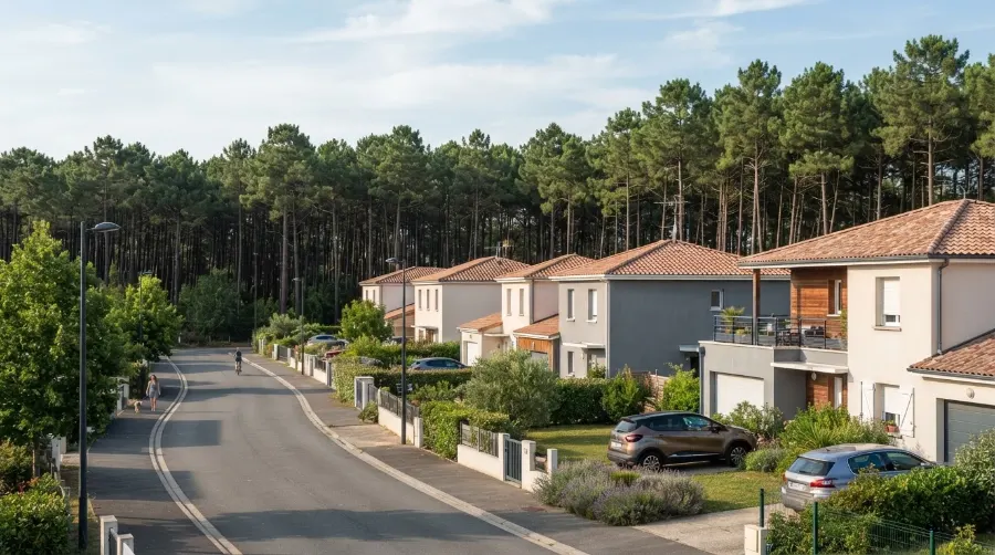 Lotissement récent en lisière de forêt de pins à l'ouest de Bordeaux, secteur de Martignas-sur-Jalle
