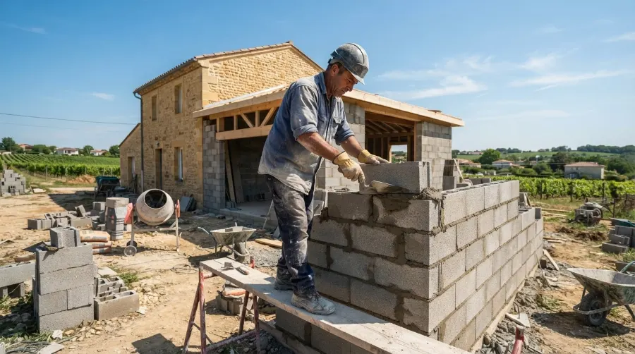 Maçon sur un chantier d'extension, prestations SEO pour les artisans d'Ambarès-et-Lagrave