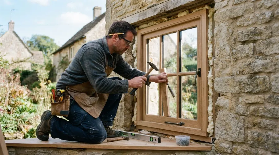 Menuisier posant une fenêtre en bois, exemple de métier accompagné en SEO