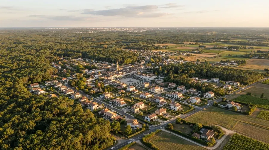 Vue aérienne d'une commune entourée de pins à l'ouest de Bordeaux, zone d'intervention SEO