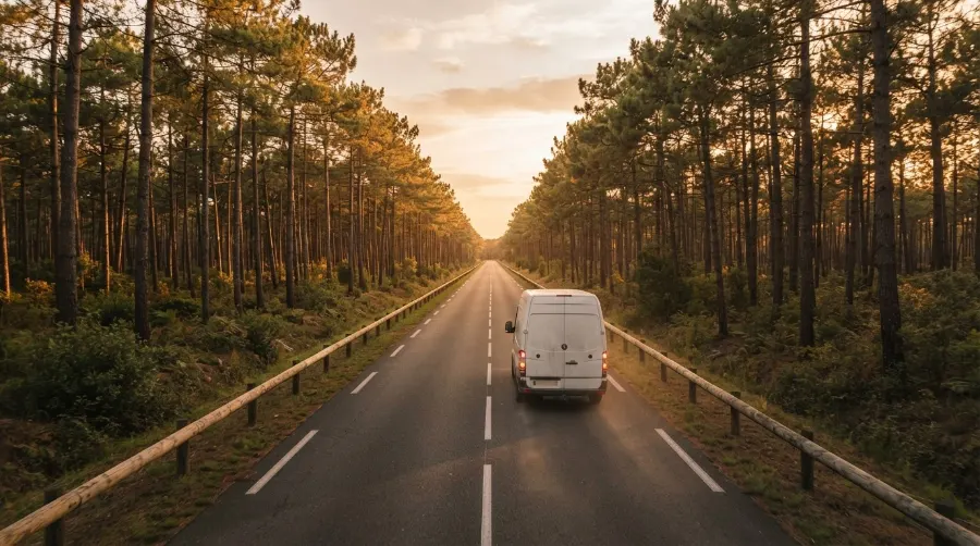 Route à travers la forêt de pins à l'ouest de Bordeaux, zone d'intervention SEO à Saint-Jean-d'Illac