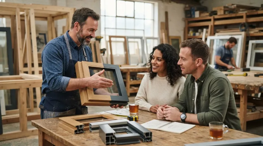 Menuisier conseillant des clients sur le bois et l'alu