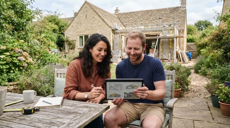 Couple préparant un projet d'extension de maison