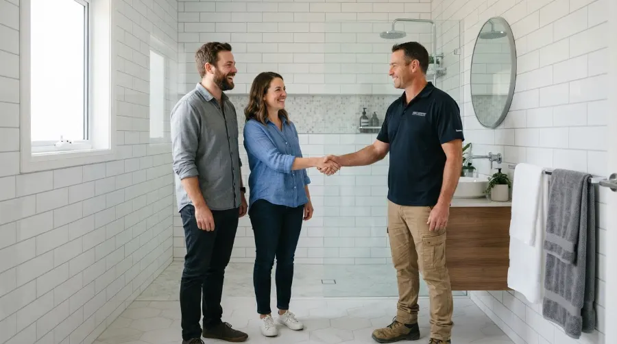 Clients satisfaits d'une salle de bain rénovée