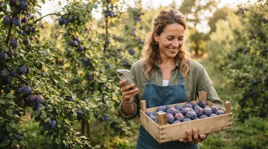 Productrice de prunes de l'Agenais consultant son smartphone