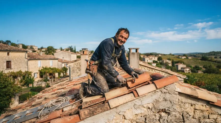 Couvreur sur un toit de tuiles du Sud-Ouest