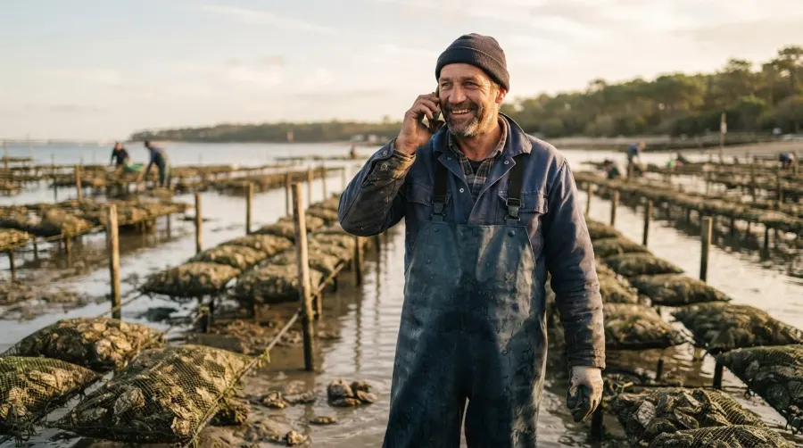 Ostréiculteur du Bassin d'Arcachon au téléphone