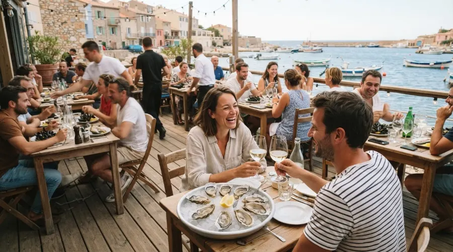 Terrasse de restaurant pleine au bord du Bassin d'Arcachon