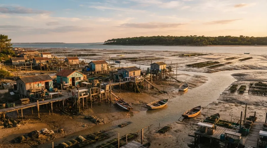 Cabanes ostréicoles du Bassin d'Arcachon à marée basse