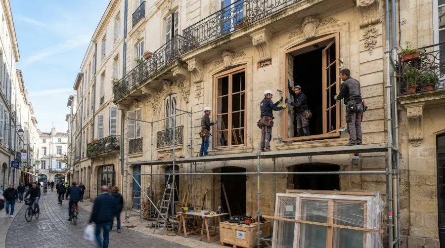 Pose de fenêtres sur une façade en pierre à Bordeaux
