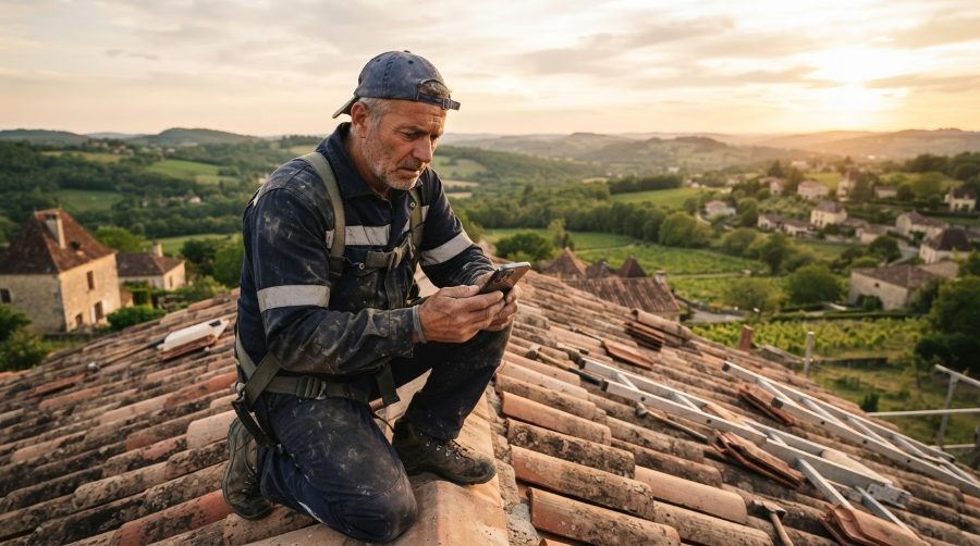 Artisan couvreur inquiet sur un toit, son site web baisse sur Google