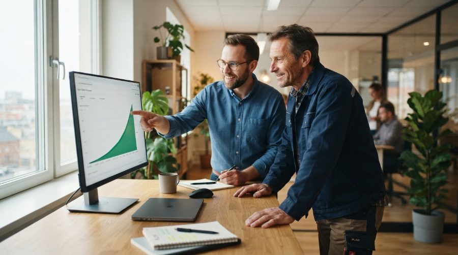 Consultant SEO et artisan analysent une courbe de trafic qui remonte