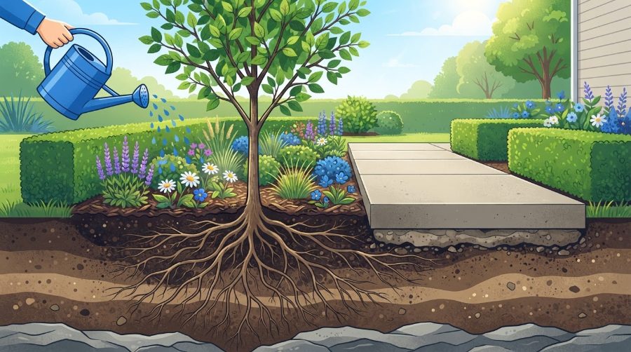 Jardin arrosé aux racines profondes face à une dalle de béton : métaphore du SEO