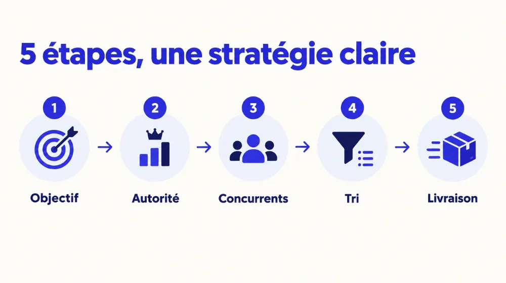 Frise des cinq étapes de la recherche de mots-clés SEO